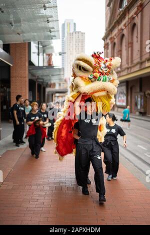 Chinesische Löwen-Tänzerinnen machen sich durch Sydneys China Town für das chinesische Neujahr 2020 auf den Weg Stockfoto