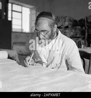 Israel 1964-1965: Jerusalem (Jerusalem), Thorarrolls Torah Writer at Work hinter einem Arbeitstisch Anmerkung: Die Tora (das Mosaische Gesetz) ist auf einer Rolle geschrieben, die aus Pergament von der Haut eines koscheren Tieres besteht. Die verschiedenen Teile von Pergament sind mit einer Sehne aneinander befestigt, der Text wird handschriftlich geschrieben. Die Tinte wird oft von selbst hergestellt und muss bestimmte Anforderungen erfüllen. Schließlich ist die Rolle an zwei Holzstöcken mit Griffen befestigt und beide Enden werden gegen das mittlere Datum gerollt: 1964 Ort: Israel, Jerusalem Schlüsselwörter: Tora, Handschrift, jüdische Religion, Schriftsteller, Arbeit Stockfoto