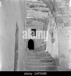 Israel 1948-1949: Haifa, Höhle des Propheten Elijah Treppe, die an einem Tor in der Nähe der Höhle des Propheten Elijah Anmerkung herauskommt: Im Islam wird Elijah als Al Hadar Datum bezeichnet: 1948 Ort: Haifa, Israel Schlüsselwörter: Gebäude, Tore, Treppen Stockfoto