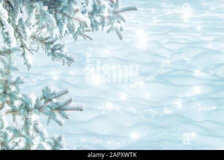 Winter Weihnachten malerische Landschaft auf dem frostigen sonnigen Tag mit rand von tannenzweigen mit weißen Schnee in der Nähe abgedeckt und Schneeverwehungen. Schneebedeckten Kulisse im f Stockfoto