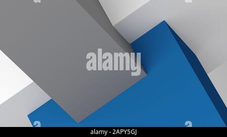 Abstrakter cg-Hintergrund, mit minimaler geometrischer Installation von überschneideten Kisten. 3D-Renderdarstellung Stockfoto