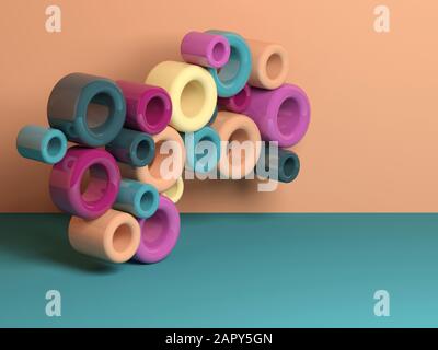 Abstrakte bunte Stilllebeninstallation, glänzende Kunststoffröhrchen. 3D-Rendering-Abbildung Stockfoto