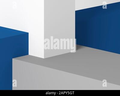 Abstrakter architektonischer Hintergrund, mit minimaler geometrischer Installation von durchschneidenden Kisten. 3D-Renderdarstellung Stockfoto