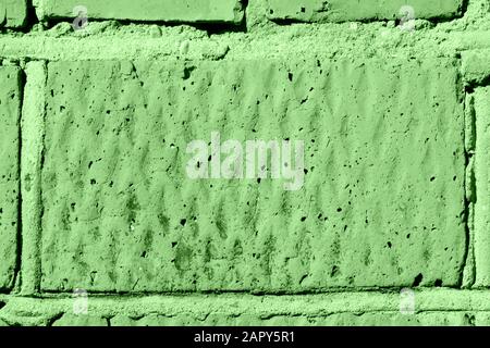 Die Struktur der Ziegelwand wird von der Sonne beleuchtet. Abstrakter Hintergrund, grüne Farbe Stockfoto