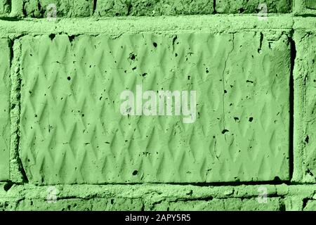 Die Struktur der Ziegelwand wird von der Sonne beleuchtet. Abstrakter Hintergrund, grüne Farbe Stockfoto