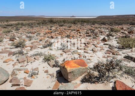 Bunte Steine rund um die Island Lagoon, einem großen malerischen Salzsee in der Nähe Von Pimba, South Australia, Australien Stockfoto