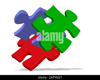 Bunte Puzzleteile vor weißem Hintergrund, 3D-Illustration Stockfoto