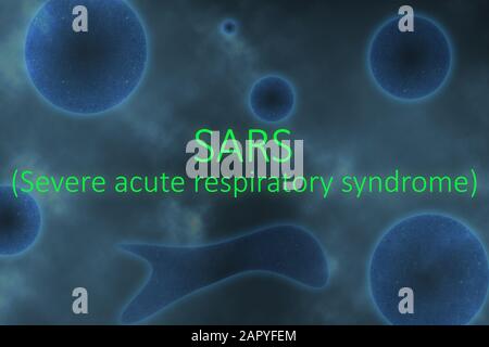 Anschauliches Beispiel für SARS oder Ein Schweres Coronavirus Des Akuten Atemwegssyndroms auf Virus und zellulärem wie blauem Hintergrund. Stockfoto