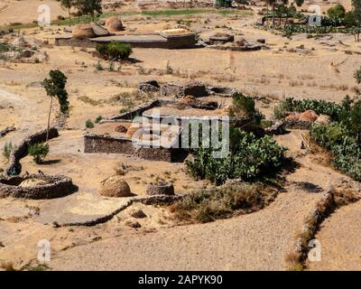 Blick auf das Dorf Teka Tesfay, Tigray Region, Äthiopien. Stockfoto