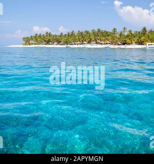 Türkisfarbene Lagune und tropische Insel. Eine Insel mit Palmen in einem Atoll im Ozean an einem Sommertag. Stockfoto