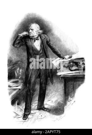 Jahrgangsporträt von William Ewart Gladstone (1809 - 1898) - dem britischen Politiker der Liberalen, der zwischen den Jahren von 1868 und 1894 viermal Premierminister des Vereinigten Königreichs war. Im Druckbild von circa 1884er wird der im Unterhaus sprechende Gladstone dargestellt. Stockfoto