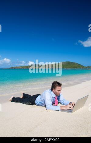 Entspannt Geschäftsmanns, der auf seinem Laptop liegen im Freien am Ufer eines hellen tropischen Strand Stockfoto