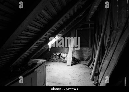 Im Dachgeschoss eines alten Hauses mit Kopfsteinpflaster. Schwarz-weiß. Stockfoto