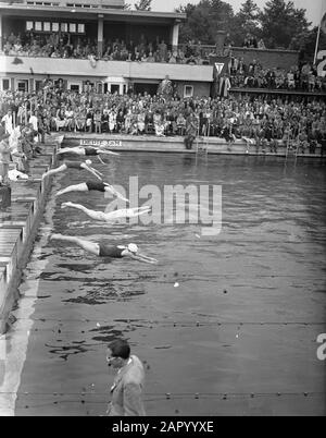 Schwimmweltmeisterschaften bei s Gravenhage Start 100 Meter Kriechen Datum: 10. Juli 1948 Schlagwörter: Schwimmweltmeisterschaften Stockfoto