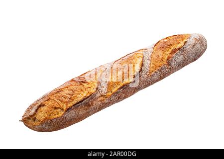 Brot. Frisch gebackene Baguette auf weißem Hintergrund. Stockfoto