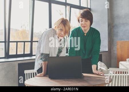 Zwei reife Frauen mit Laptop Stockfoto