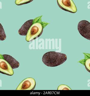 Avocado Aquarell Illustration nahtloses Muster. Stockfoto