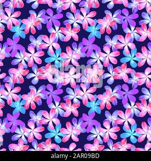 Plumeria bunte Blumen, Aquarellillustration, nahtloses Muster auf dunklem Hintergrund Stockfoto