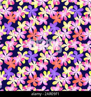 Plumeria bunte Blumen, Aquarellillustration, nahtloses Muster auf dunklem Hintergrund Stockfoto