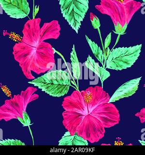 Rosafarbene Hibiskusblüten mit grünen Blättern, handgemalte Aquarellillustration, nahtloses Muster auf dunkelblauem Hintergrund Stockfoto