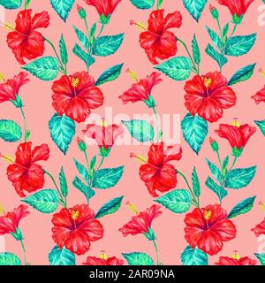 Rote Hibiskusblüten mit grünen Blättern, handgemalte Aquarellillustration, nahtloses Muster auf pinkfarbenem Hintergrund Stockfoto