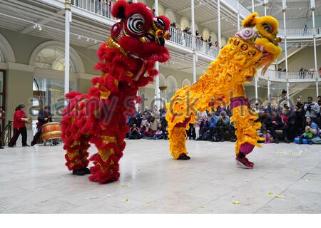 Edinburgh, Schottland, Großbritannien. Januar 2020. Wir feiern das chinesische Neujahr, Das Jahr der Ratte, im schottischen Nationalmuseum mit Auftritten in Partnerschaft mit dem Konfuzius-Institut für Schottland. Chinese Lion Dance, Taichi-Schwert-Demonstration, Chinesische Guzheng Music Performance. Credit: Craig Brown/Alamy Live News Stockfoto