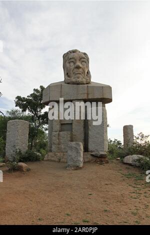 Kopfstatue von Paul Kruger, Eingangstor im Kruger National Park, Mpumalanga, Südafrika. Stockfoto