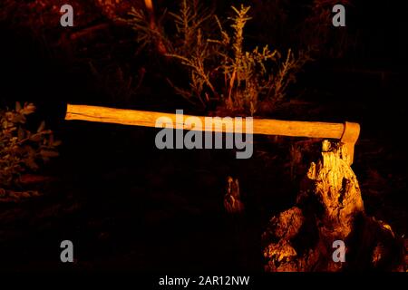 Große Fütteraxt in einem Baumstumpf bei Nacht hell durch Feuerlicht in einem Eukalyptuswald los Pellines chile begraben Stockfoto