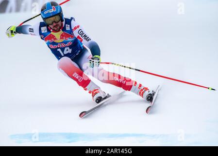 Kitzbühel, Österreich. Januar 2020. Maxence Muzaton aus Frankreich bei der Ski Alpin: 80. Hahnenkammrennen 2020 - Audi-Fis-Alpine-Skiweltcup - Herren-Abfahrt am Streif am 25. Januar 2020 in Kitzbühel, ÖSTERREICH. Stockfoto