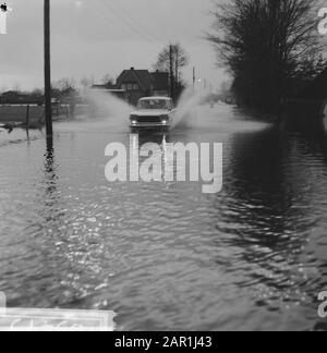 Waternuisance in Kootwijcurbroek (in der Nähe von Barneveld); Fahren auf der überfluteten Straße Datum: 10. Dezember 1965 Ort: Kootwijcurbroek Schlagwörter: Autos, Überschwemmungen, Überschwemmungen Stockfoto