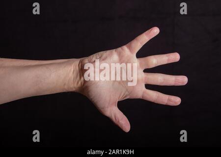 Die Hand zählt fünf, fünf Finger ausgestreckt, Zeichen für fünf Stockfoto