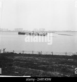 Tankschiff Patria aus Hamburg auf der Weide bei Sint Andries Datum: 27. Januar 1966 Standort: Rossum, Sint Andries Schlüsselwörter: Binnenschiffe, Schiffsunfälle, Tankschiffe, Wiesen Stockfoto