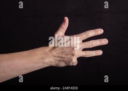 Hand zählt vier, vier Finger ausgestreckt, Schild für vier Stockfoto