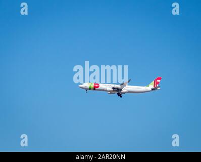 Lissabon, PORTUGAL - 30. Juli 2018: A TAP Portugal Airbus A330 zum endgültigen Vorgehen am 30. Juli 2018 in Lissabon, Portugal. Stockfoto