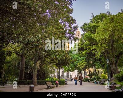 Lissabon, PORTUGAL - 01. Mai 2019: Menschen schlendern in Jardim da Estrela, Lissabon Stockfoto