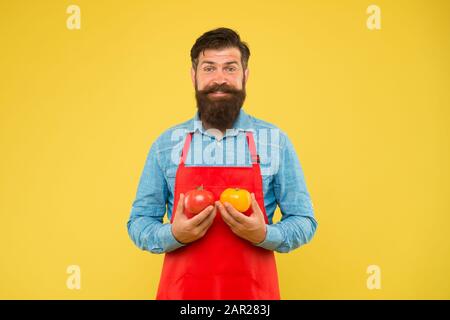 Bio-Lebensmittel-Diät. Vorteile für die Gesundheit von Tomaten. Nahrungsquelle für Vitamine und Mineralien. Brutaler Koch in der Schürze. Tipps zum Gemüseessen. Bärtiger Koch mit Tomaten. Gesunde Küche. Stockfoto