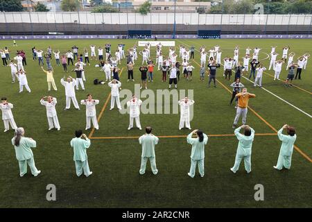 Sao Paulo, Brasilien. Januar 2020. Am 25. Januar 2020 nehmen die Menschen an einer Tai-Chi-Chuan-Praxis während einer chinesischen Lunar-Neujahrsfeier in Sao Paulo, Brasilien, mit. Kredit: Str/Xinhua/Alamy Live News Stockfoto