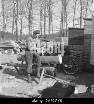 Holzbearbeitung, Arbeiter, Holzstämme, Fahrräder, Autos Datum: Undatierte Schlüsselwörter: Arbeiter, Autos, Holzstämme, Fahrräder, Holzarbeiten Stockfoto