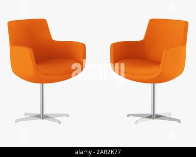 Zwei orangefarbene Sessel mit eisernen Beinen, Vorderansicht, 3D-Rendering Stockfoto