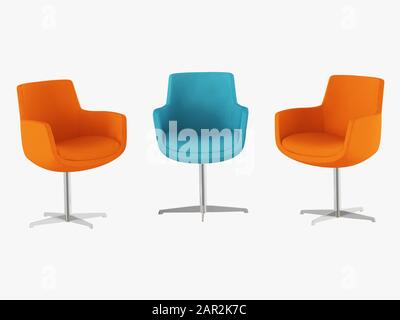 Orangefarbene und blaue Stühle mit eisernen Beinen Vorderansicht 3D-Rendering Stockfoto