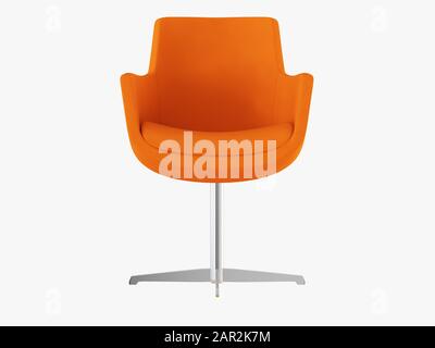 Orangefarbener Stuhl mit eisernen Beinen, Vorderansicht, 3D-Rendering Stockfoto