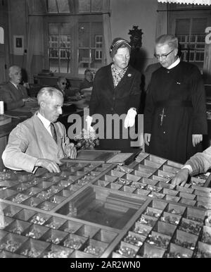 Königin Juliana besucht die R.K. Einrichtung für Blinde und Sehbehinderte im Grab Königin Juliana im Gespräch mit dem ältesten Bewohner des Instituts H. van Laarhoven Datum: 3. November 1959 Ort: Grab, Noord-Brandant Schlüsselwörter: Blinde, blinde Institute, Königinnen Personenname: Juliana (Königin Niederlande), Laarhoven, H. van Stockfoto