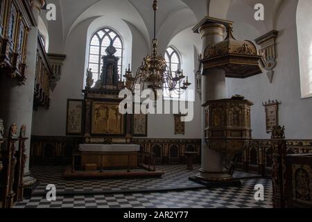 Die Kapelle befindet sich im Erdgeschoss des Südflügels und wurde 1582 eingeweiht. Die Kapelle auf Schloss Kronborg in Helsingor, Dänemark. Stockfoto