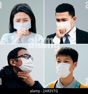 Asiatische Menschen leiden unter Husten mit Gesichtsmaskenschutz Stockfoto