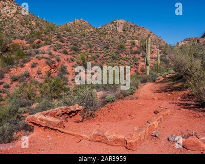 Überreste einer verlassenen Bergarbeiter-Shack-Stiftung, die vermutlich um 1956 von Ralph Morris, Indian Paint Mine, Superstition Wilderness, Arizona, konstruiert wurde. Stockfoto