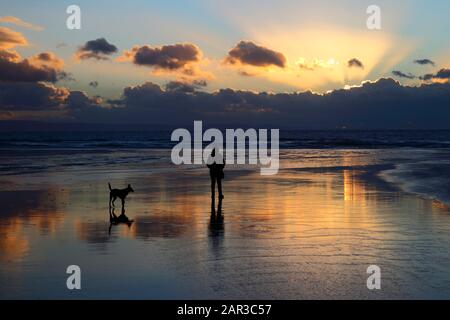 Person, die Hund am Strand in Dunraven Bay bei Sonnenuntergang, in der Nähe von Southerndown, South Glamorgan, Wales, Großbritannien, spazieren geht Stockfoto