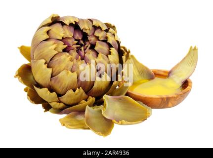 Gedämpfte grüne Glob-Artischocke-Blumenknospe mit Schale geschmolzener Butter isoliert auf weißem Grund Stockfoto