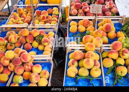 Pfirsiche und Nektarinen für Verkauf auf dem Markt Stockfoto