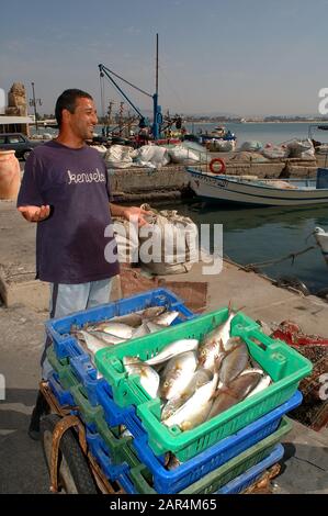 Fischer mit Fischfang in Acco, Israel Stockfoto