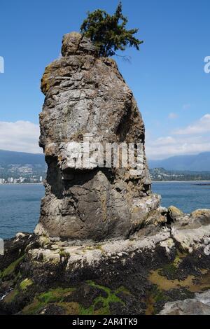 Früher ein Wahrzeichen für Mariners, heute eine Touristenattraktion. Siwash Rock, auch bekannt unter dem Squamish-Namen Skalsh oder Slhx í7lsh. Vancouver, Britischer Co Stockfoto